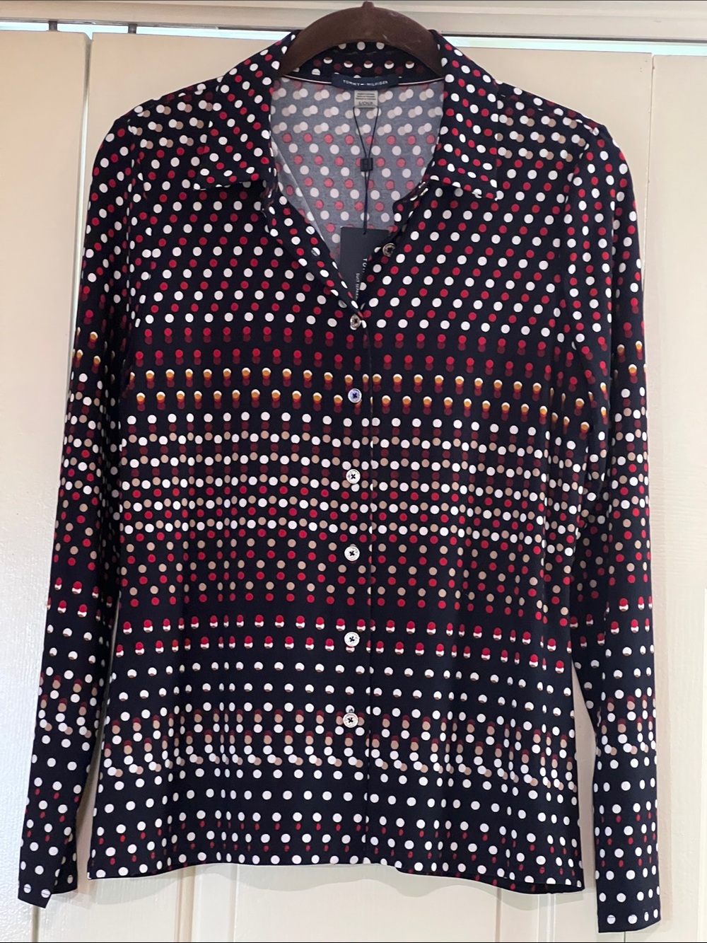Tommy Hilfiger Black Button-Down Shirt with Red, White & Gold Dot Print Stretchy